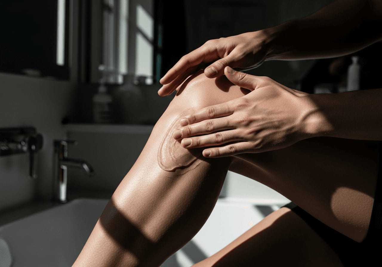 Frau pflegt ihr Bein nach der sicheren IPL-Behandlung rund um die Muttermale mit kühlendem Aloe-Vera-Gel.
