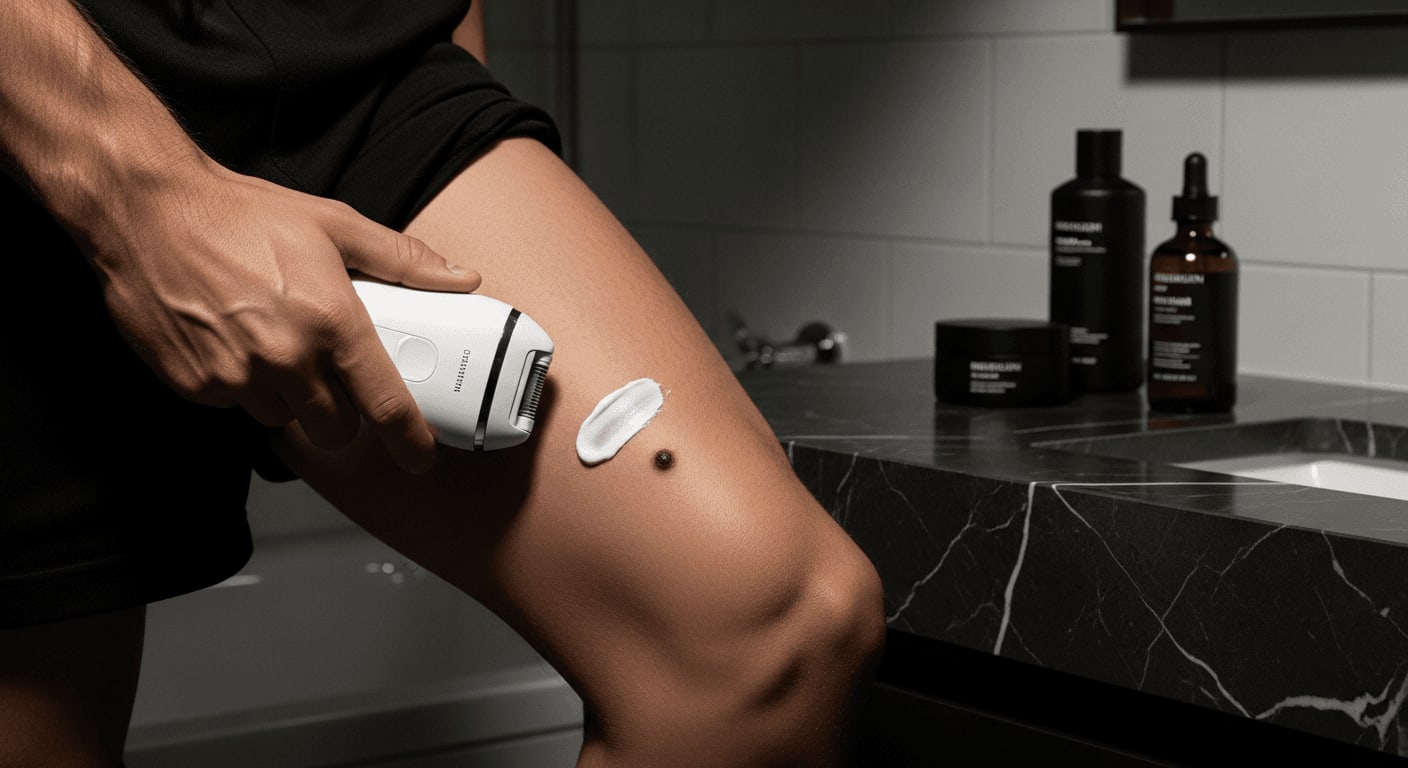 IPL-Behandlung am Bein mit einem durch weißen Kajal abgedeckten Muttermal für maximale Sicherheit zuhause.