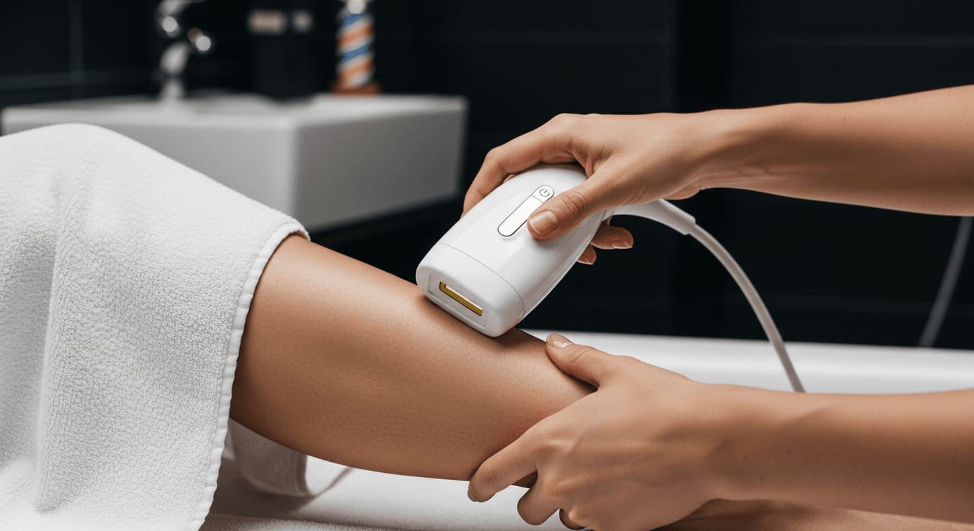Anwendung eines IPL-Geräts am Bein zur dauerhaften Haarentfernung als Alternative zu Laserbehandlung und Rasur