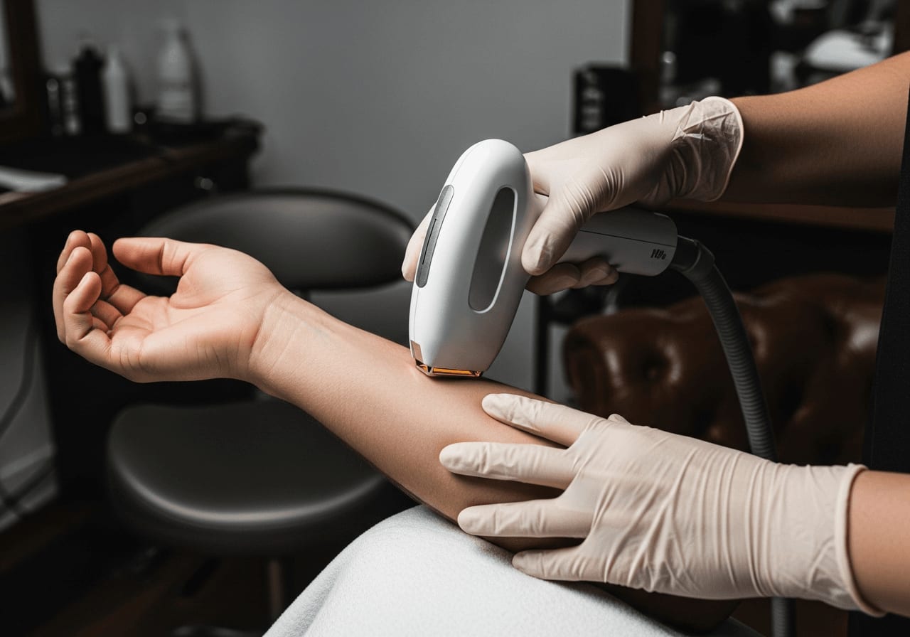 Professionelle Laser-Haarentfernung im Studio mit einem speziellen Handstück am Arm für präzise, dauerhafte Ergebnisse