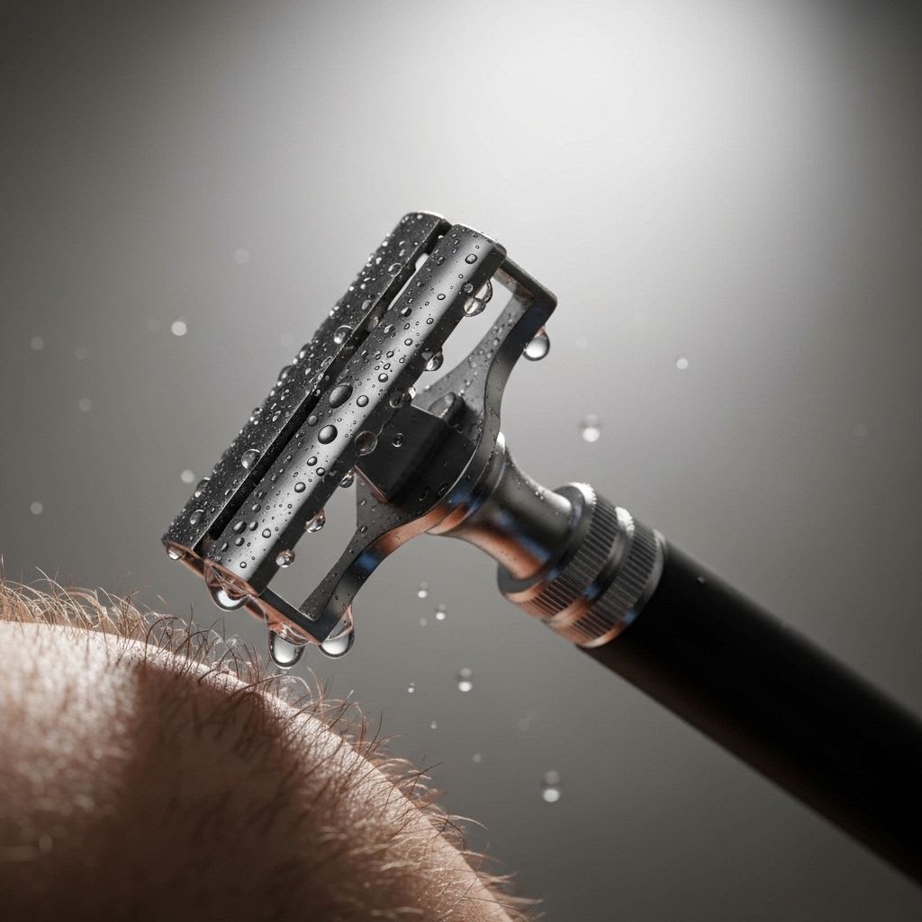 Nahaufnahme einer Hand, die eine scharfe Rasierklinge in einem Rasierhobel hält, mit Wassertropfen, bereit für präzise Nassrasur.