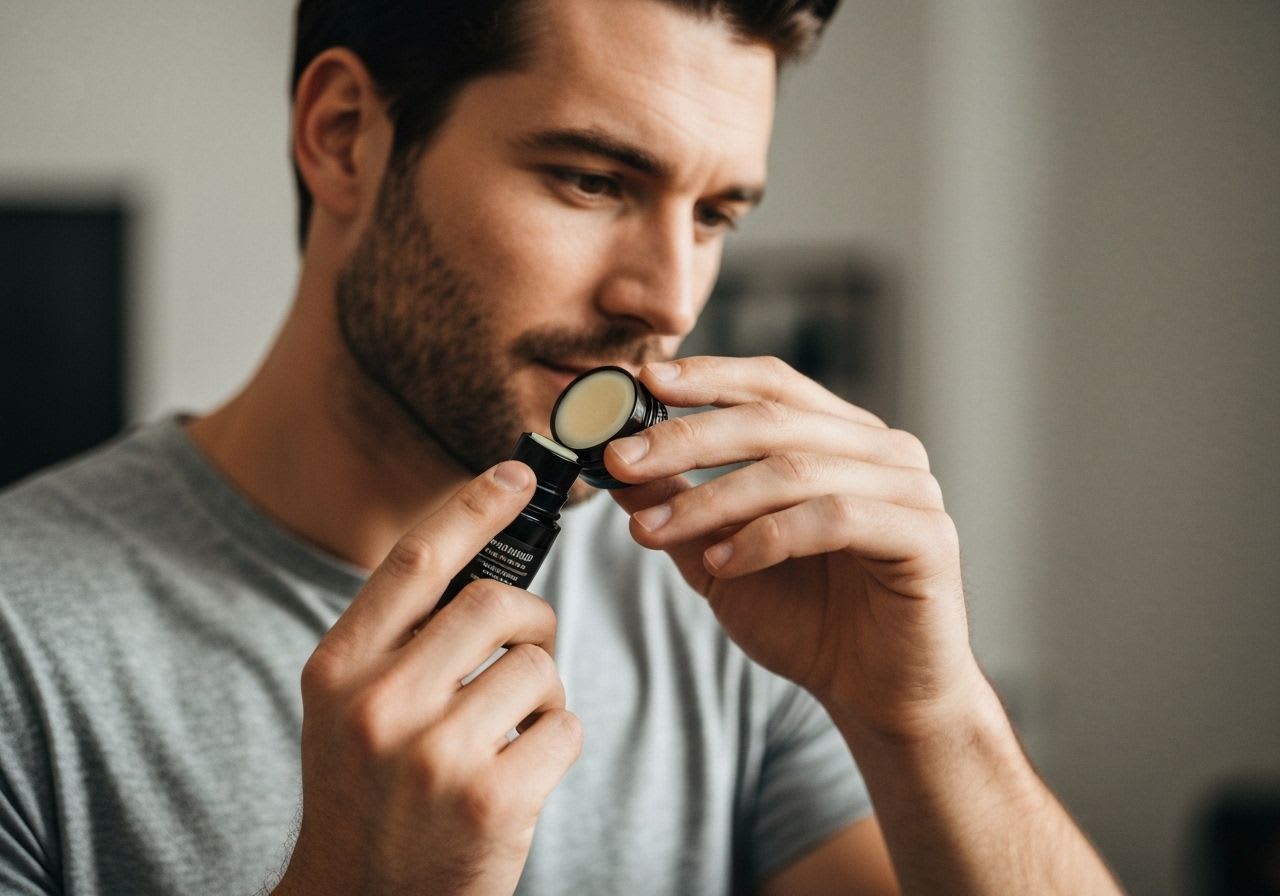 Hand eines Mannes trägt sanft Aftershave-Balsam auf die frisch rasierte Haut auf, betont Hautpflege nach Nass- oder Trockenrasur.