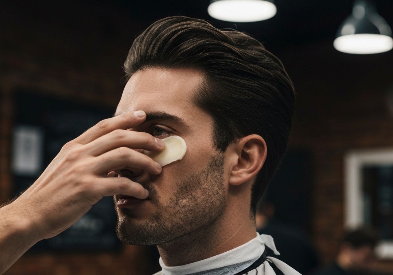 Eine Hand trägt beruhigenden Aftershave-Balsam auf die frisch rasierte Haut auf, um Hautirritationen nach der Nassrasur vorzubeugen.