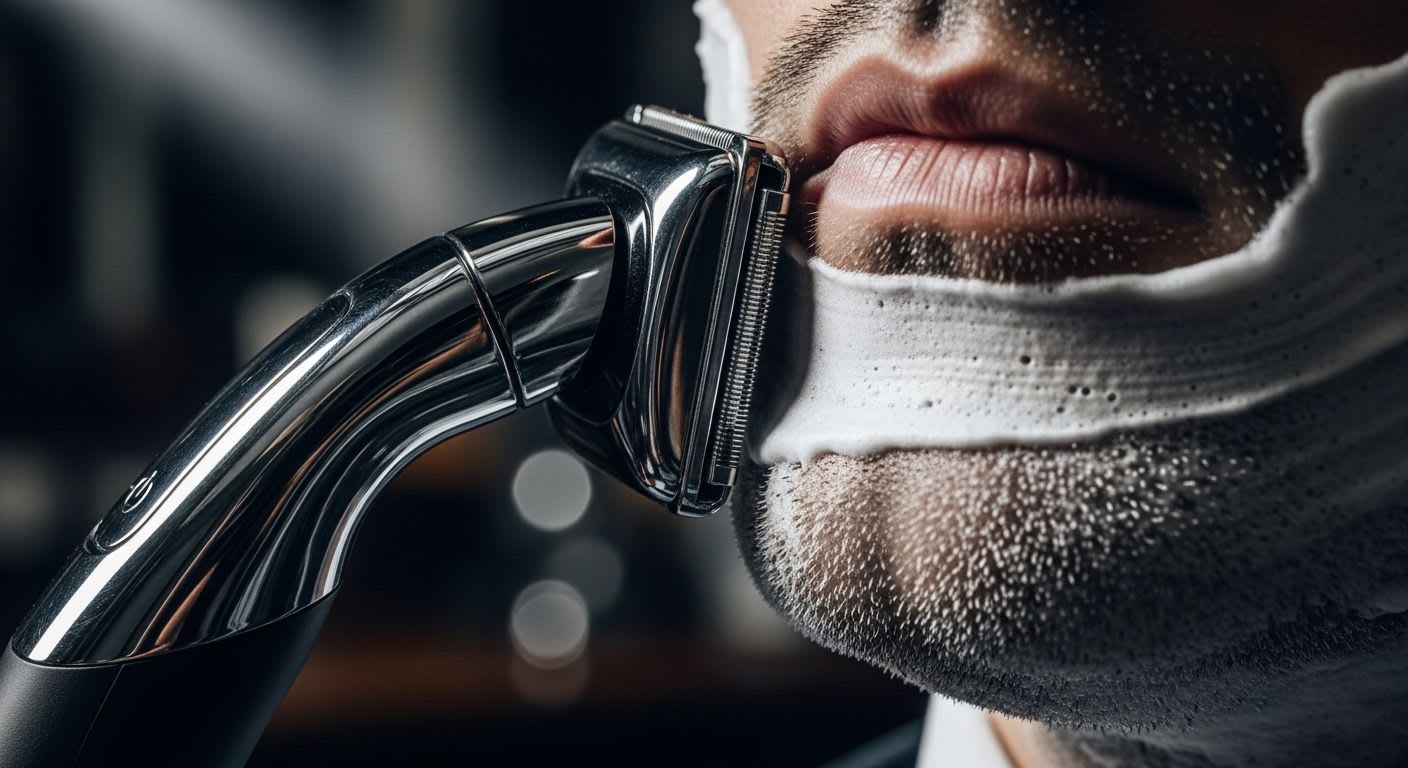 Ein fortschrittlicher Panasonic Rasierer mit flexiblem Scherkopf gleitet für eine gründliche Rasur sanft über eine Kieferpartie.