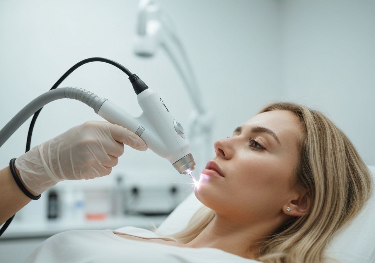 Nahaufnahme eines Plasmapens, der einen präzisen Plasma-Lichtbogen auf die Haut abgibt, zur Hautstraffung und Faltenreduktion.