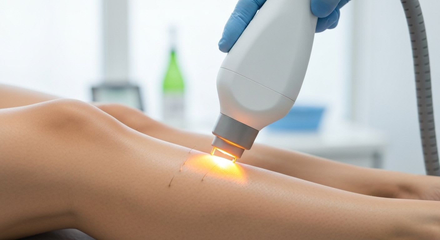 Ein Diodenlaser-Handstück bei der dauerhaften Haarentfernung am Bein, zur gezielten Zerstörung der Haarwurzeln durch Melanin-Absorption.