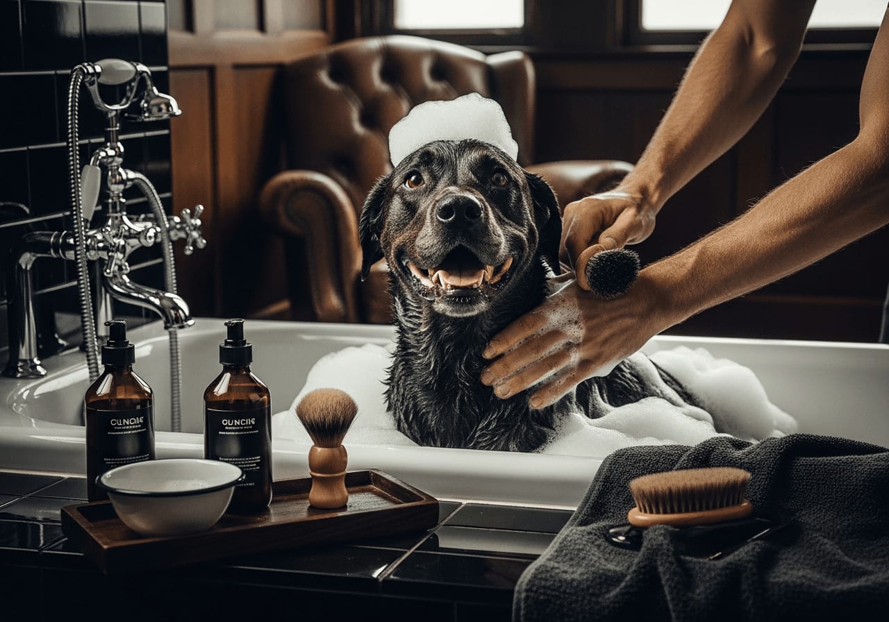 Ein glücklicher Hund wird als wichtiger erster Schritt der Fellpflege zu Hause in der Badewanne gewaschen.