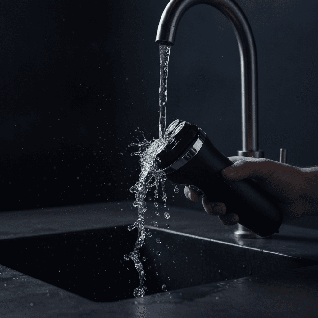 Ein wasserdichter Rasierer für die Glatze wird unter fließendem Wasser gereinigt, was die Hygiene erleichtert.