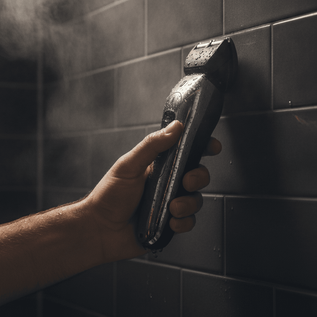 Anwendung eines wasserdichten Rasierers für die Glatze unter der Dusche zur Schonung der empfindlichen Kopfhaut.