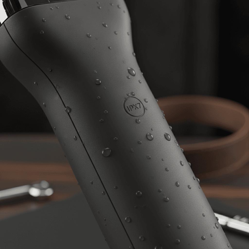 Detailaufnahme des IPX7-Symbols auf einem Rasierer für die Glatze, das die Eignung für die Nassrasur bestätigt.