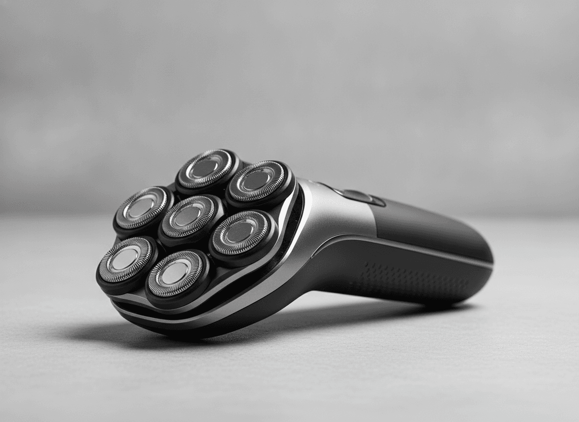 Ein ergonomischer elektrischer Rasierer für die Glatze mit mehreren flexiblen Scherköpfen auf einem hellen Hintergrund.