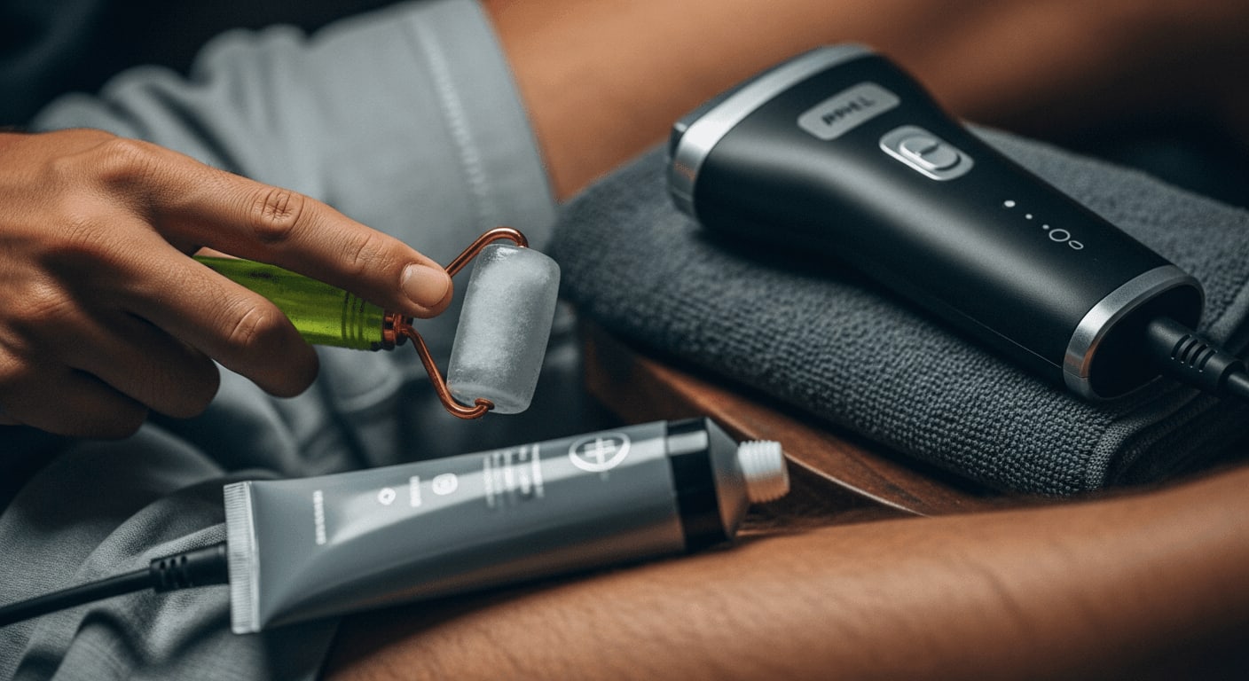 Kühlender Ice Roller und beruhigende Creme als erste Hilfe bei Rötungen, Pickeln und Juckreiz nach der IPL-Anwendung.