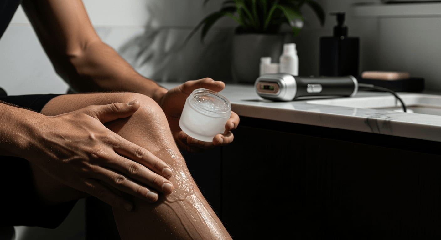 Kühlendes Aloe Vera Gel wird auf das Bein aufgetragen, um Rötungen, Pickel und Juckreiz nach der IPL-Anwendung zu lindern.