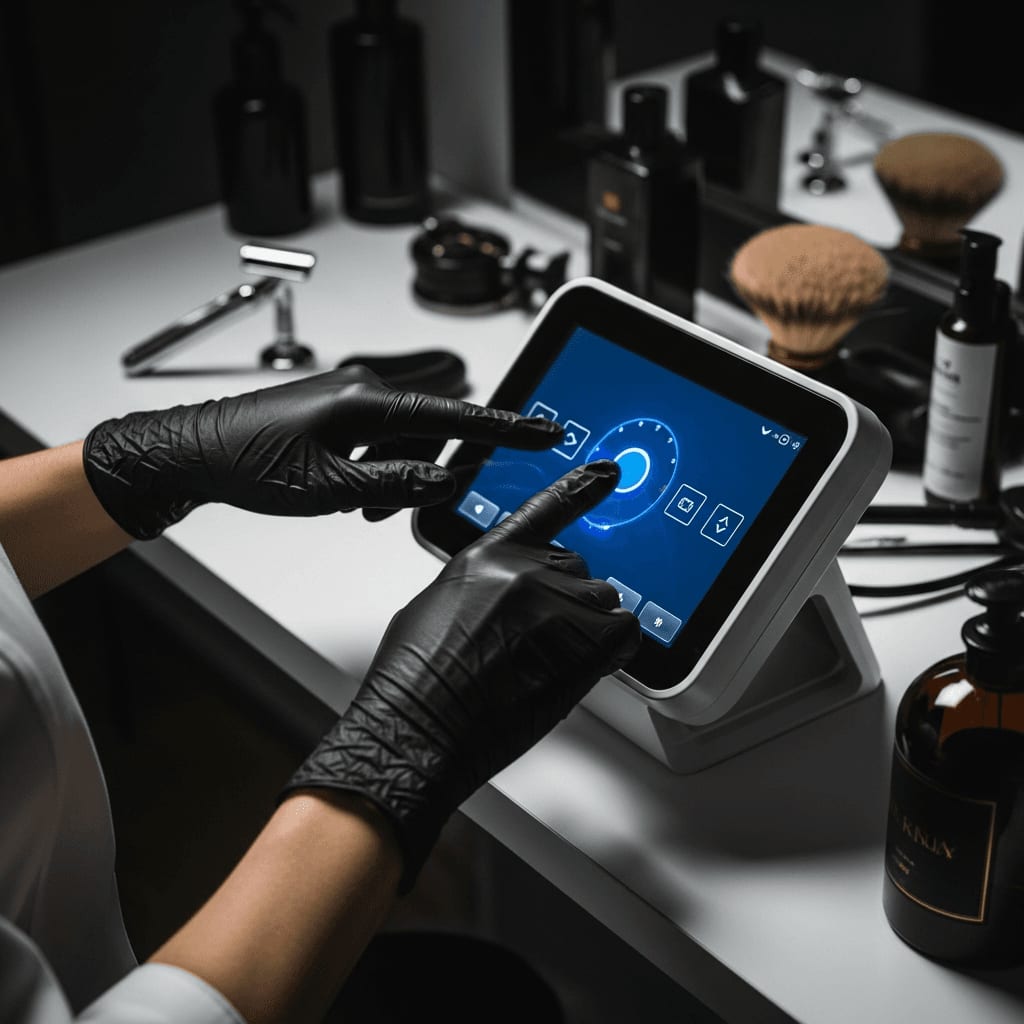 Wichtige Tipps für Behandler: Die Kosmetikerin stellt die Parameter am Touchscreen des Diodenlasers präzise auf die Haut der Kundin ein.
