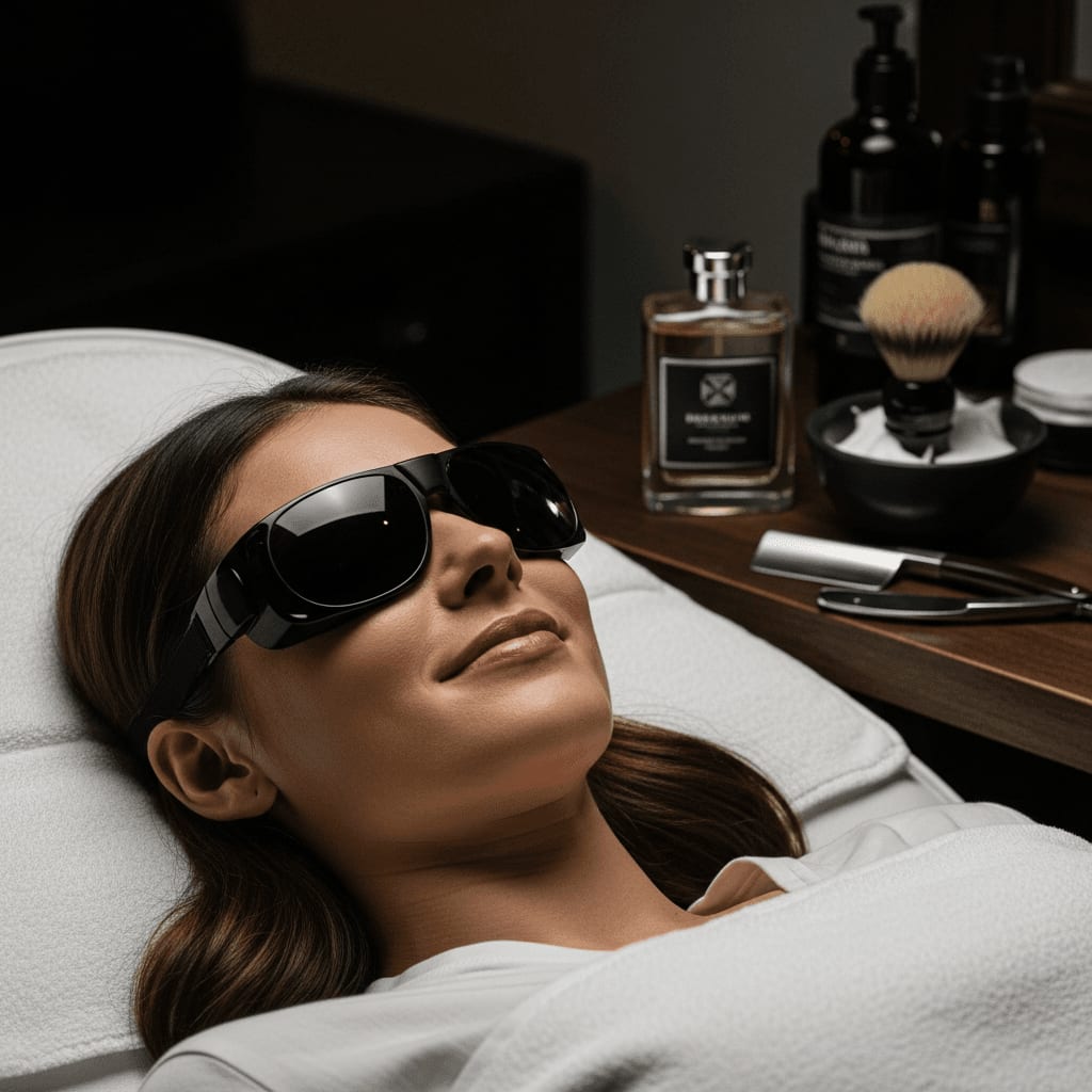 Entspannte Kundin mit Laserschutzbrille auf der Behandlungsliege - das Ziel einer erfolgreichen und schmerzfreien Haarentfernung.