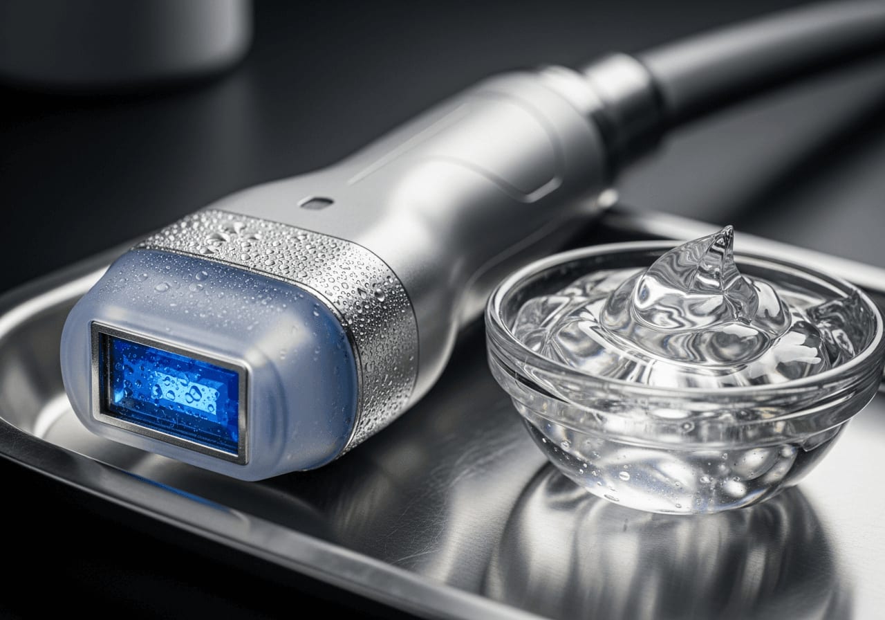 Moderne Technik für die schmerzfreie Haarentfernung: Ein Laser-Handstück mit eiskalter Saphirglas-Spitze liegt neben einer Schale mit frischem Kühlgel.