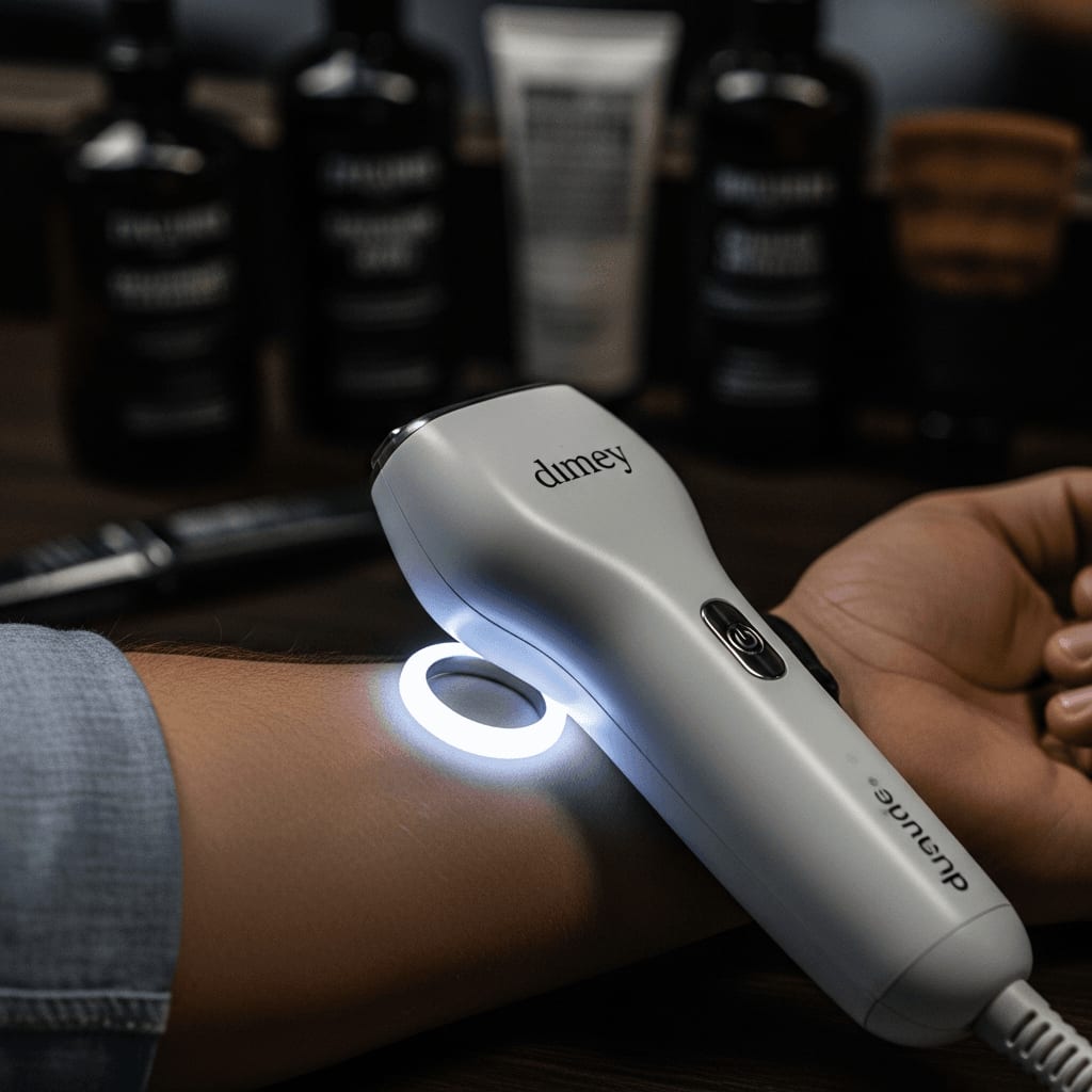 Hauttyp-Sensor eines IPL-Geräts leuchtet weiß zur sicheren Bestimmung der passenden Intensität