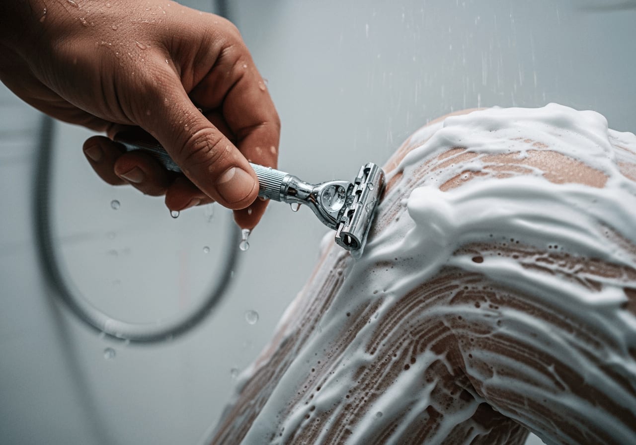 Vorbereitung für die IPL-Anleitung: Sanfte Nassrasur der Beine in der Dusche vor der Behandlung
