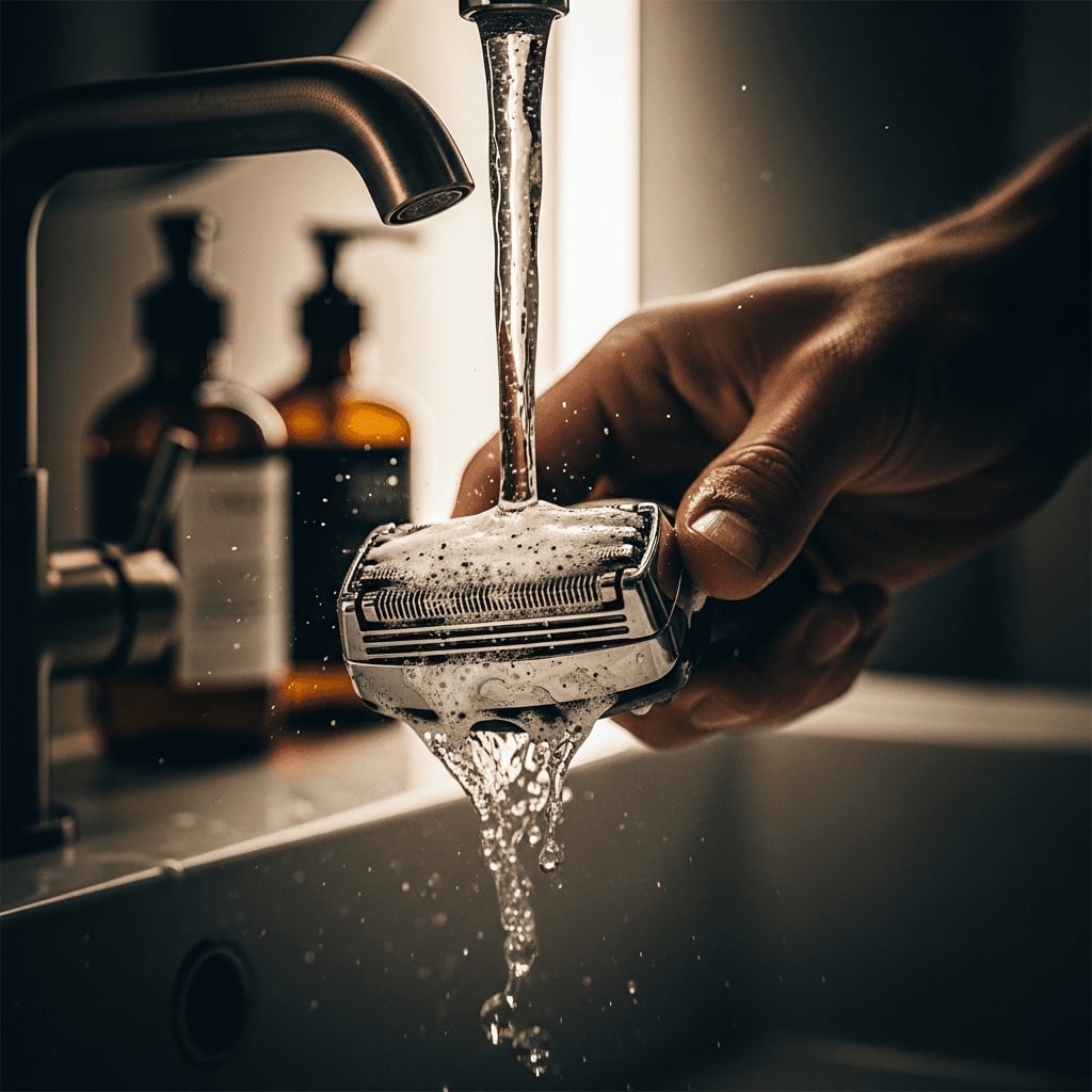 Elektrorasierer richtig reinigen: Der geöffnete Scherkopf wird gründlich unter fließendem warmem Wasser ausgespült.