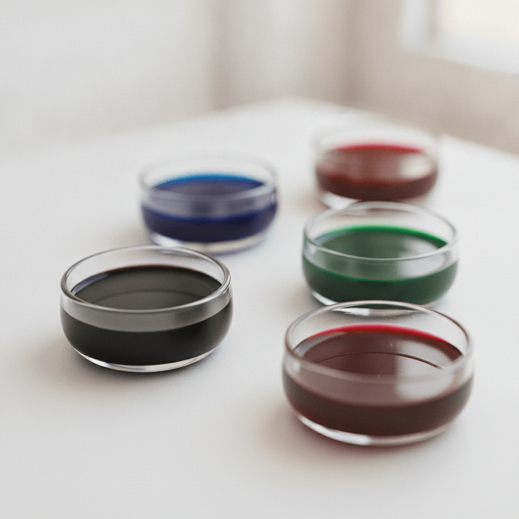 Schälchen mit schwarzer, blauer, grüner und roter Tinte