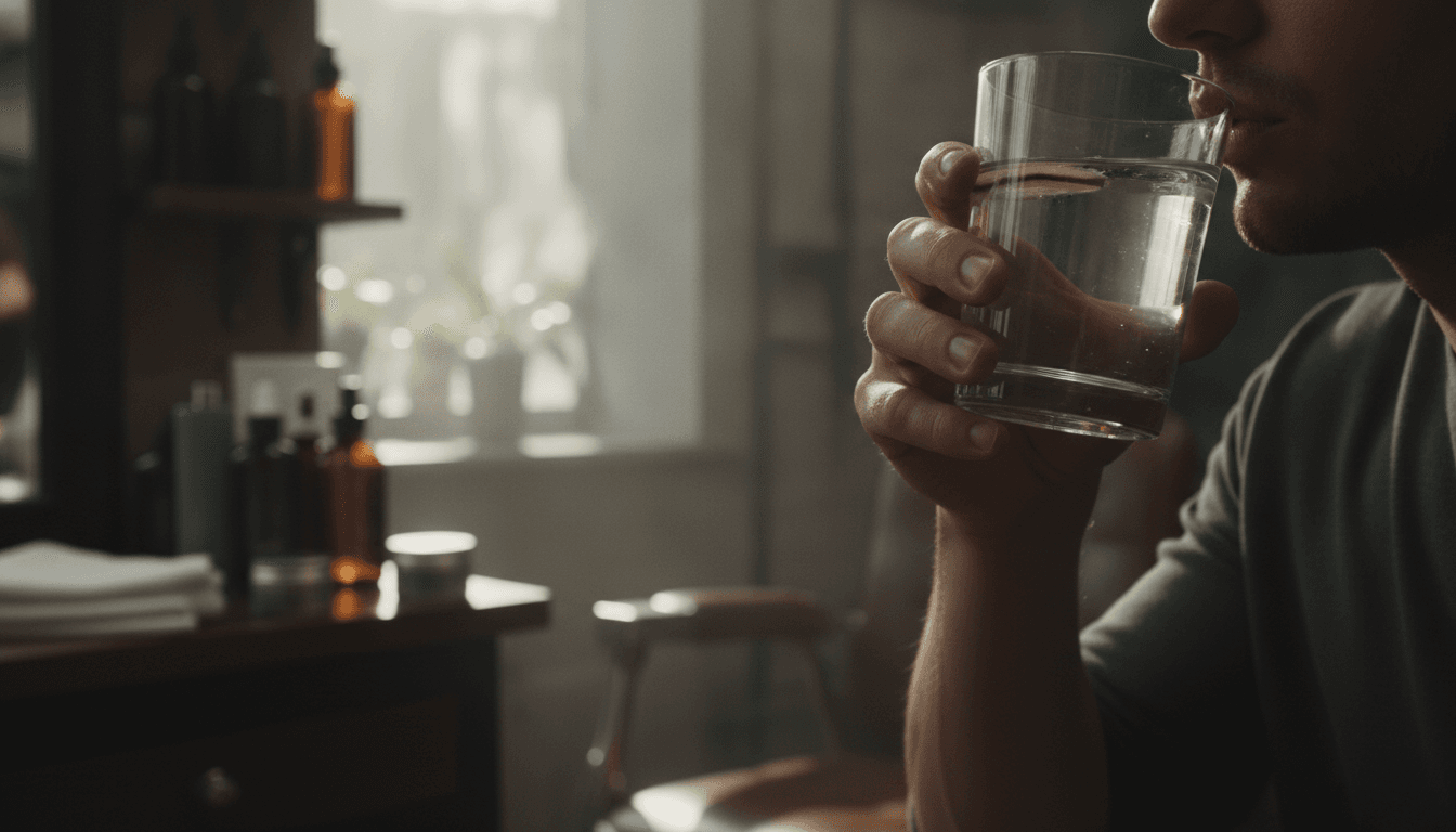 Eine Person trinkt ein Glas Wasser als einfache Lösung, um durch Hydration Unterlagerungen der Haut von innen loszuwerden.