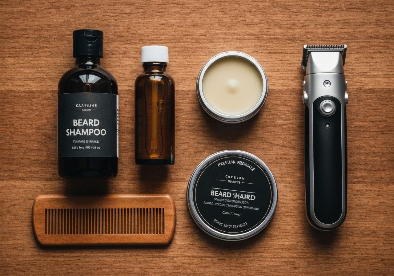 Auswahl an Bartpflege Tipps Produkten: Bartshampoo, Bartöl, Balsam, Bürste, Kamm und Trimmer, ordentlich auf Holz arrangiert für die tägliche Routine.