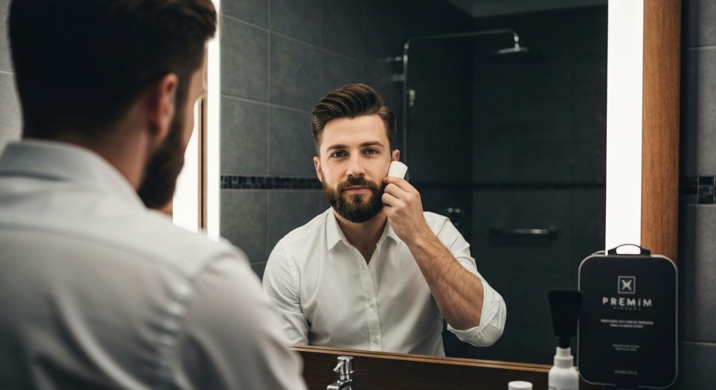 Ein Mann trägt sorgfältig Feuchtigkeitspflege auf sein Gesicht auf, als Teil seiner täglichen Herrengrooming Pflege-Routine.
