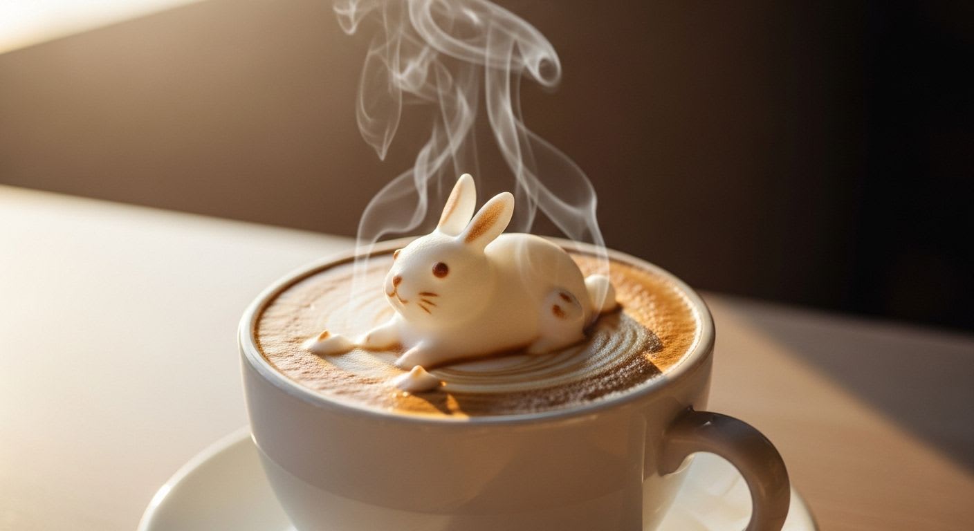 Nahaufnahme einer dampfenden Kaffeetasse mit filigraner 3D Hasen Latte Art, die die Kunst und die Grundlagen der Motive hervorhebt.
