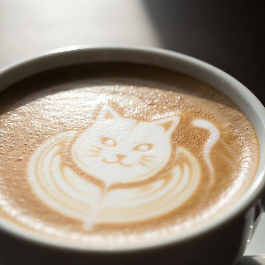 Einfache 3D Katzen Latte Art in einer Kaffeetasse, um erste Motive zu Hause zu üben und die Grundlagen zu vertiefen.