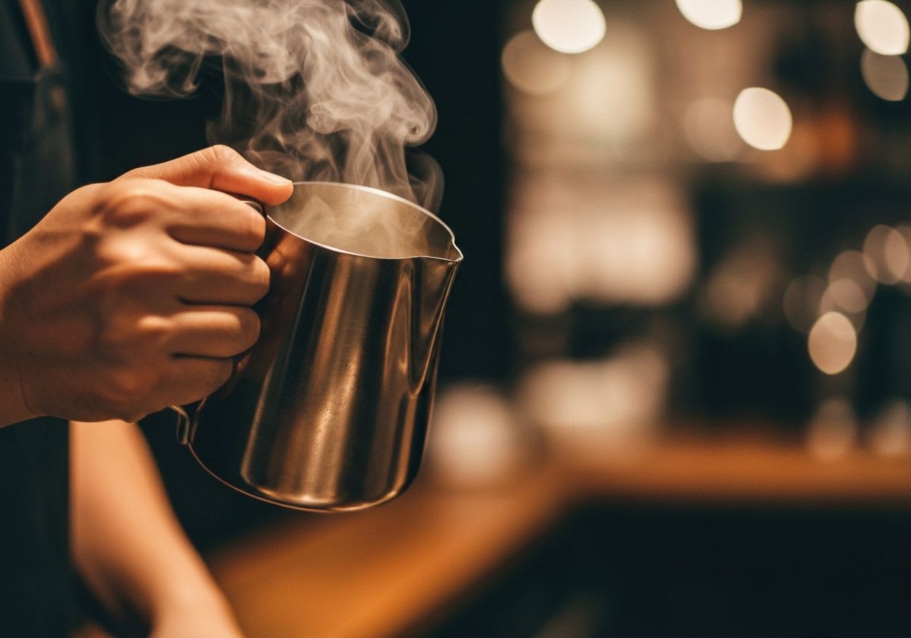 Barista schäumt Milch in einem Edelstahlkännchen auf, um den stabilen Milchschaum für 3D Latte Art Grundlagen zu perfektionieren.