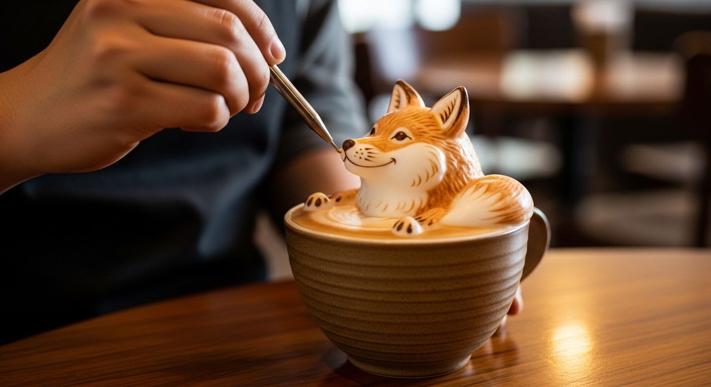 Ein beeindruckendes 3D Latte Art Motiv in einer Tasse, das die Kreativität und die Grundlagen der Kaffeekunst zu Hause hervorhebt.