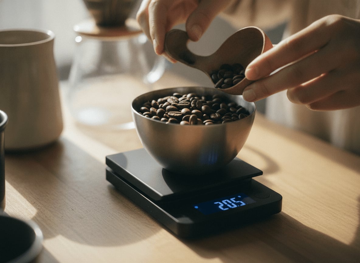 Hochwertige Kaffeebohnen auf einer Waage, um die Menge zu kontrollieren und zu vermeiden, dass Kaffee ungesund wird.