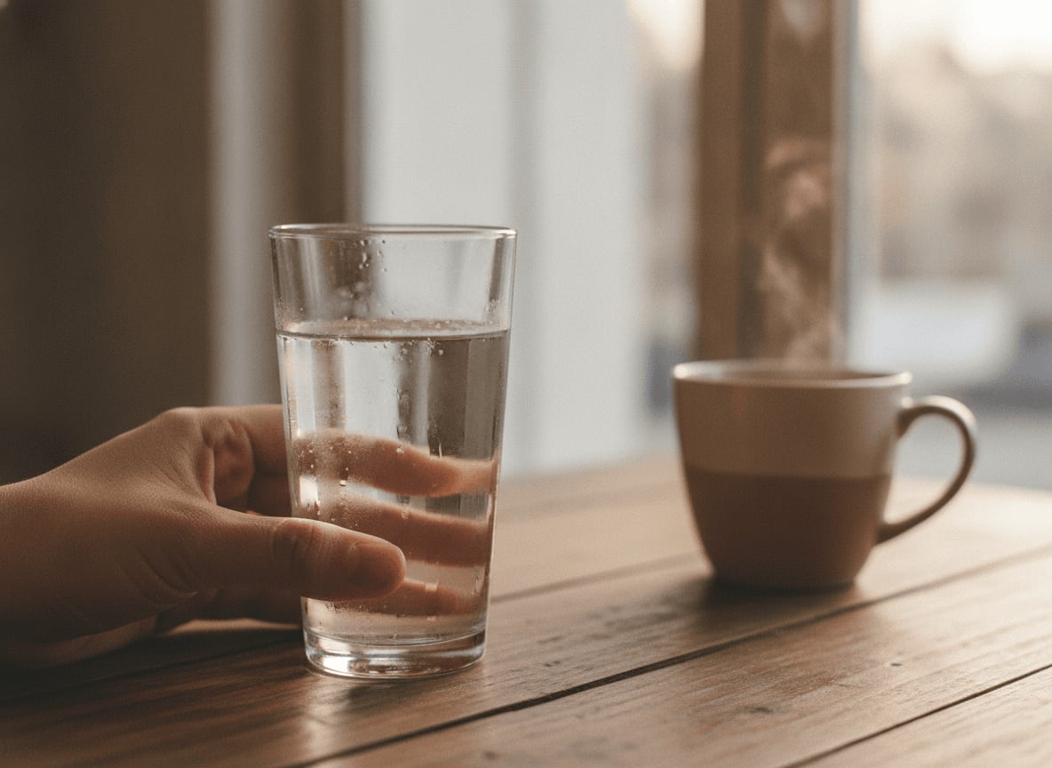 Die bewusste Entscheidung für ein Glas Wasser statt Kaffee als Zeichen für einen gesunden Umgang mit Koffein.