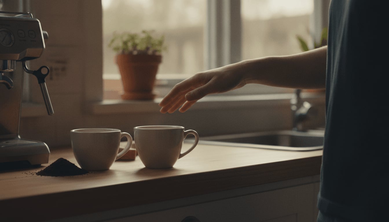 Eine Person hört auf ihren Körper und zögert vor der nächsten Tasse, um zu entscheiden, ab wann Kaffee ungesund für sie ist.
