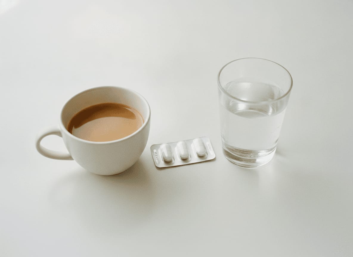 Eine Tasse Kaffee neben einer Tablettenpackung, die die mögliche Wechselwirkung von Kaffee mit Medikamenten darstellt.