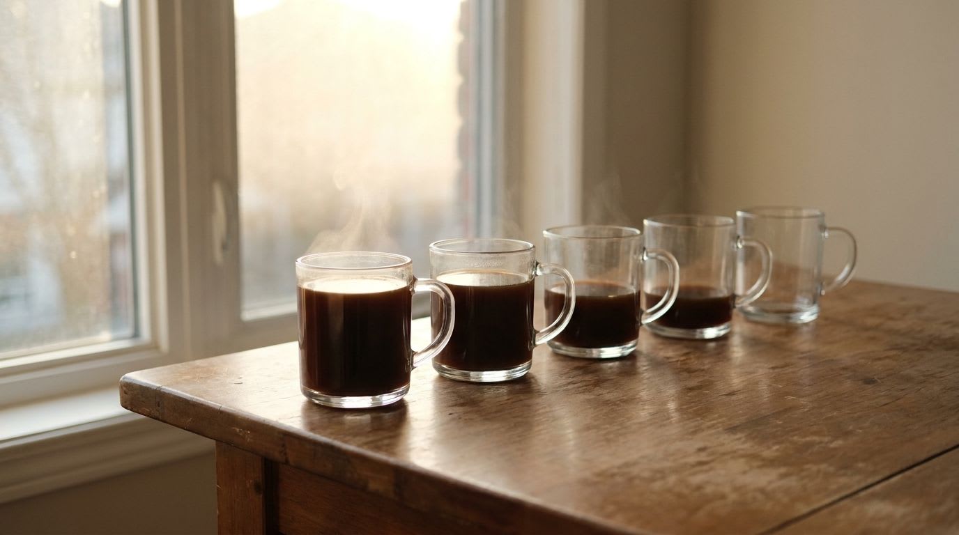 Fünf Kaffeetassen mit abnehmender Füllmenge, die die Gesundheitsgrenze für Kaffee und Koffein visuell darstellen.