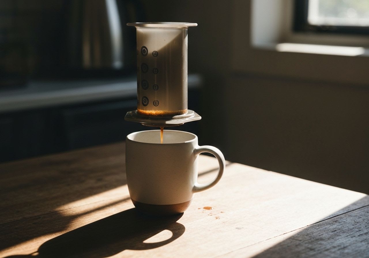 Detailaufnahme einer AeroPress beim Brühen, Kaffee tropft in eine Tasse, betont die präzise Zubereitung der AeroPress 2.0 Rezepte.