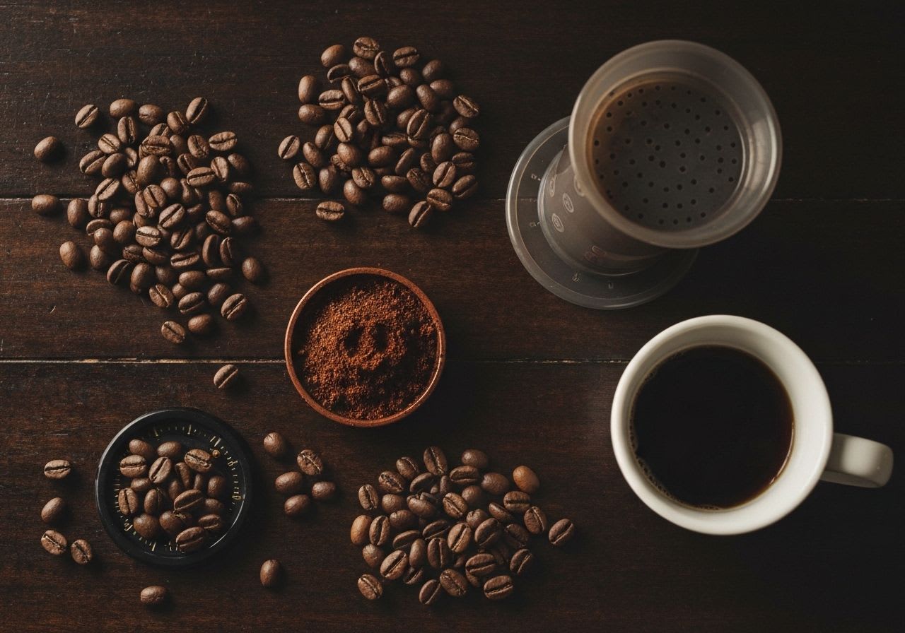 Kaffeebohnen und gemahlener Kaffee in verschiedenen Mahlgraden auf Holztisch, zeigt Einfluss auf AeroPress 2.0 Rezepte.