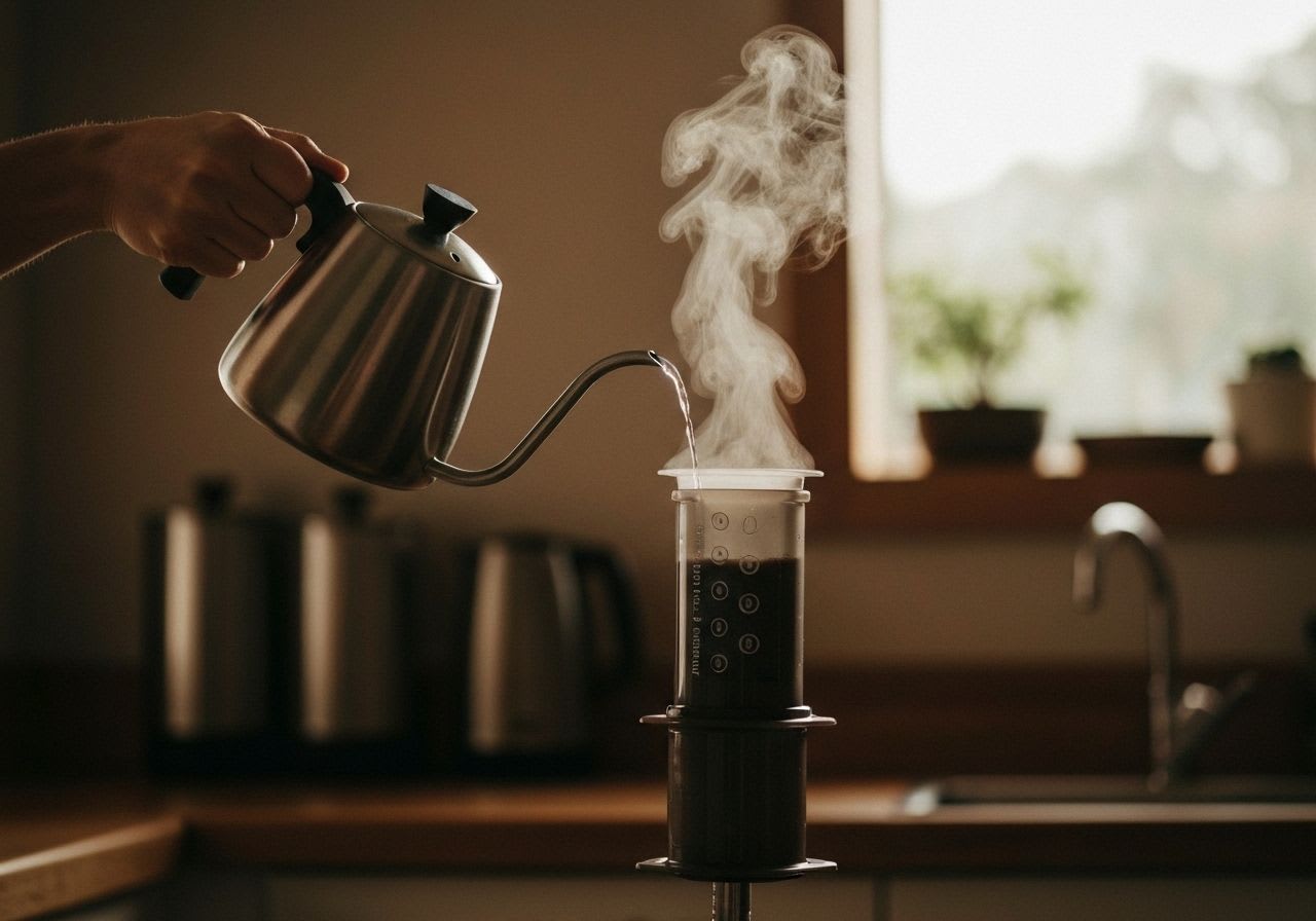 Hand gießt heißes Wasser in AeroPress, zeigt die Bedeutung der Wassertemperatur für AeroPress 2.0 Rezepte und Tricks.