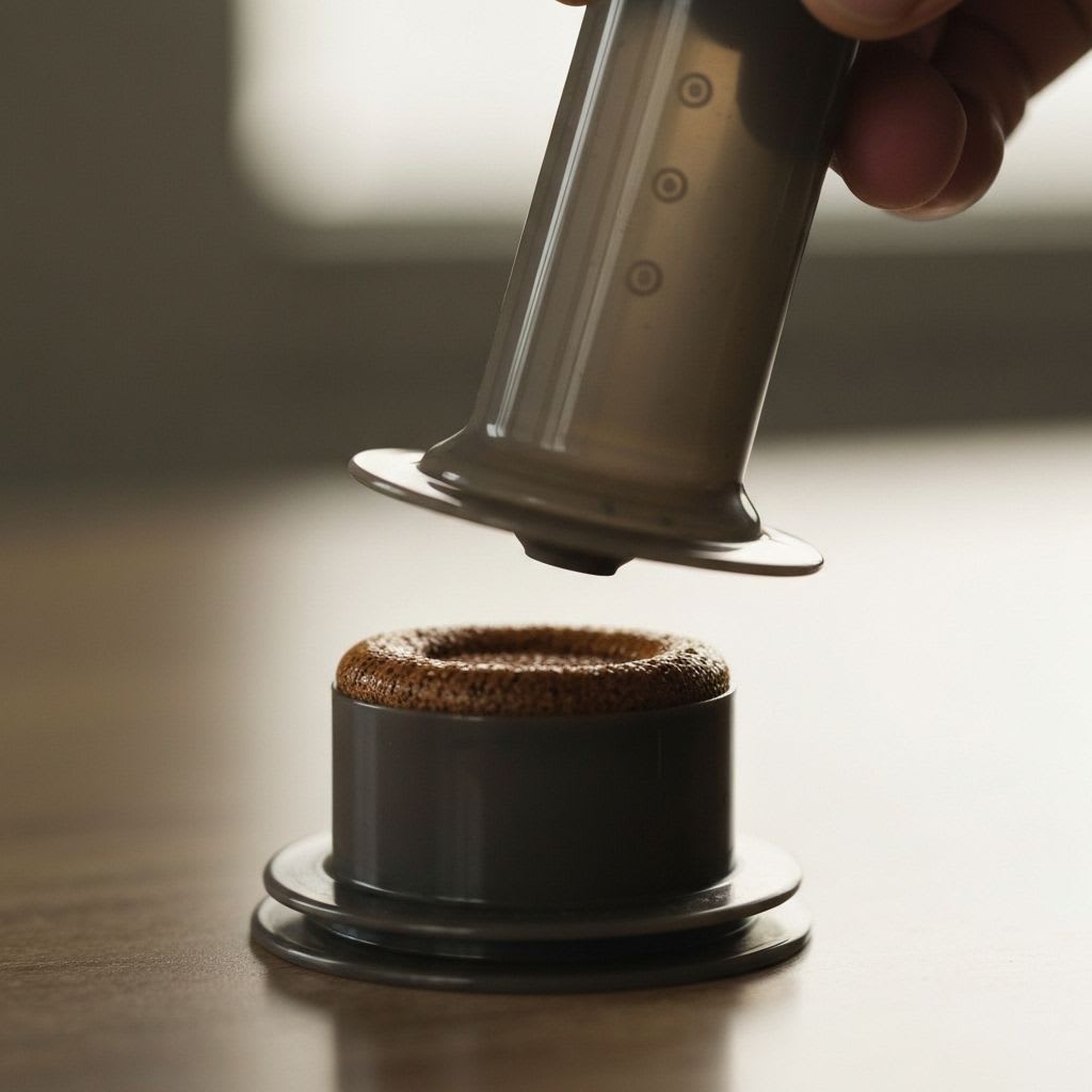 Detailaufnahme des AeroPress-Stempels beim Herunterdrücken, entscheidend für die Aroma-Vielfalt der AeroPress 2.0 Rezepte.