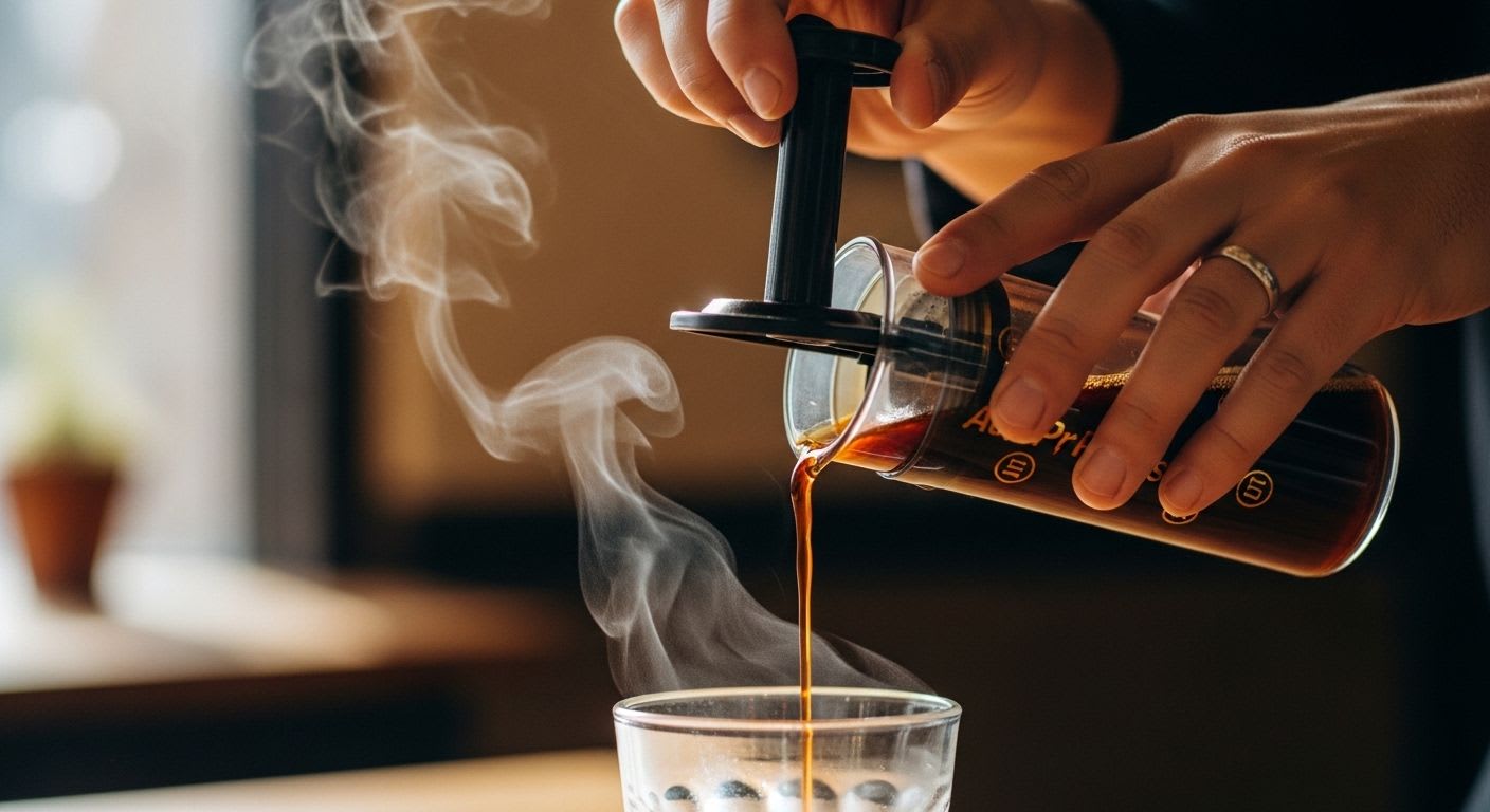 Detailaufnahme einer AeroPress beim Brühen, Kaffee tropft ins Glas, Dampf steigt auf, für neue Rezepte und maximale Aroma-Vielfalt.