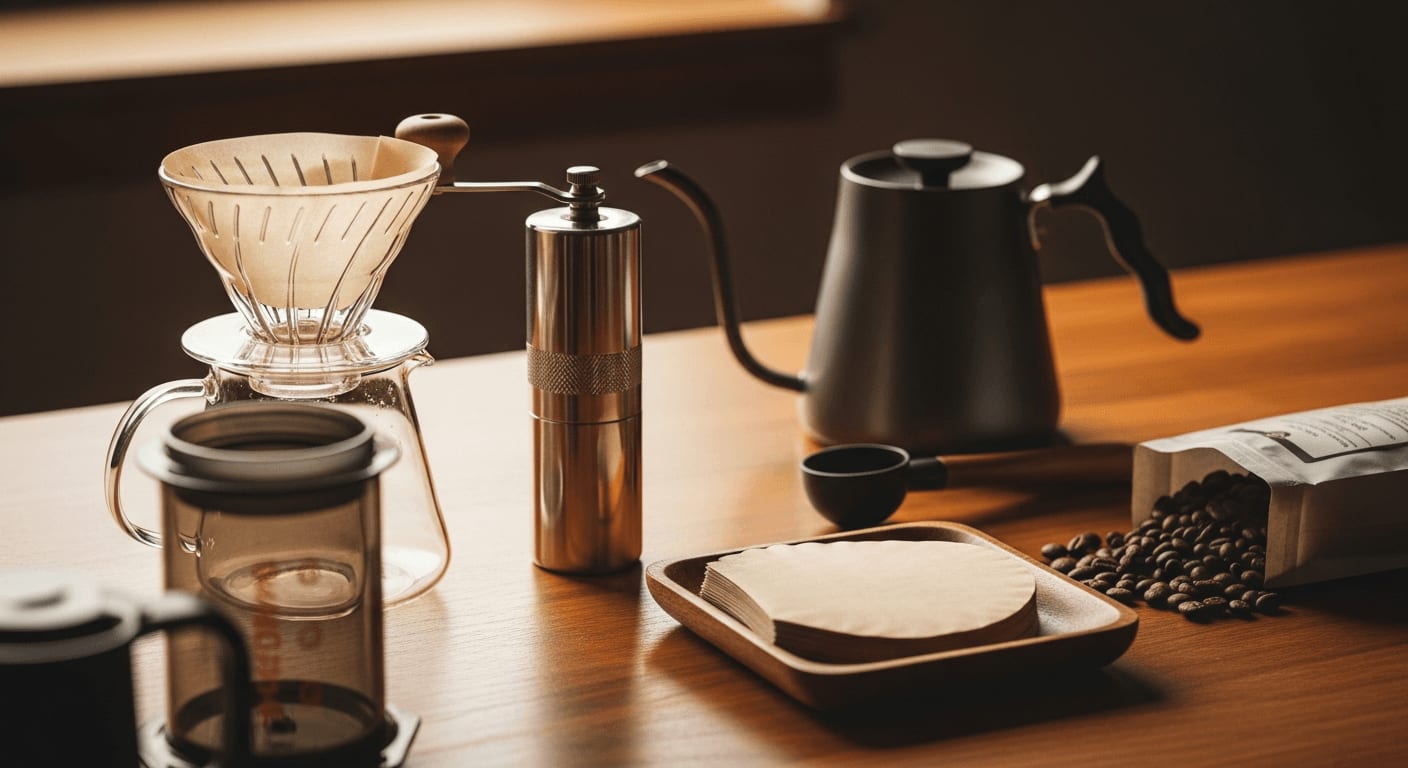 Eine Sammlung verschiedener AeroPress Zubehörteile auf einem Holztisch, natürliches Licht, geringe Schärfentiefe