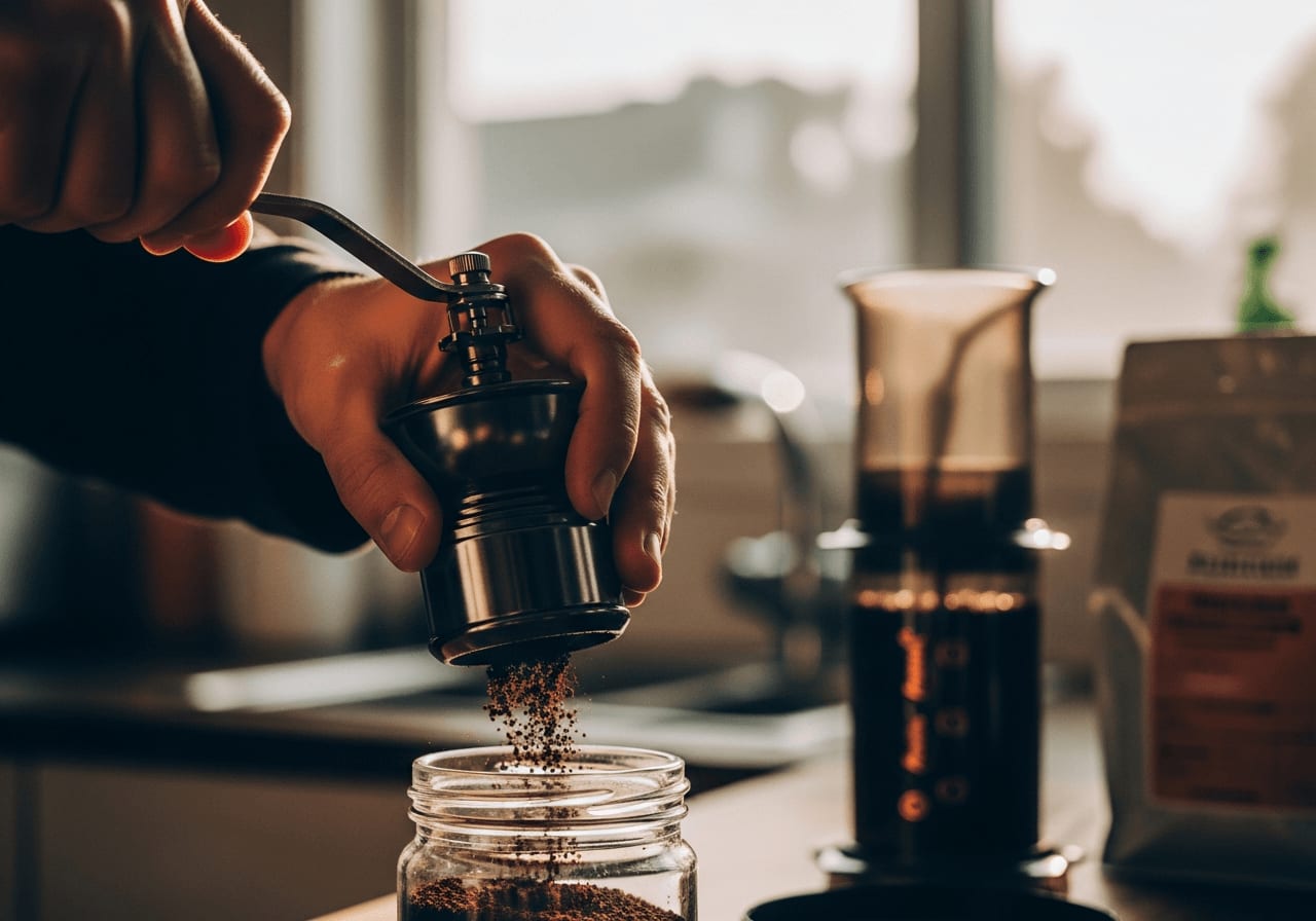 Nahaufnahme einer Hand, die Kaffeebohnen für AeroPress mahlt, weiches Licht, geringe Schärfentiefe