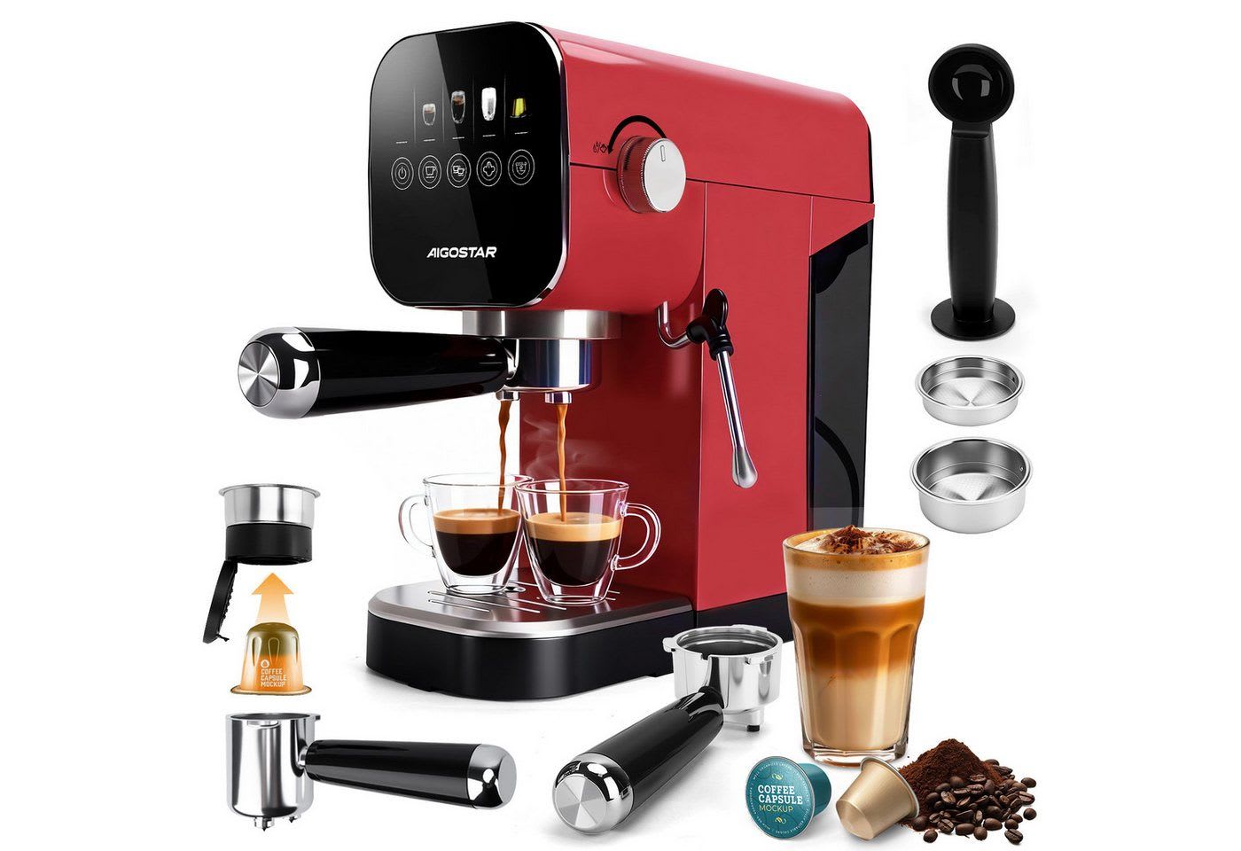 Aigostar Espressomaschine, Edelstahl, 20 Bar, Digitales Touchpanel, 1/2 Tassen, 0,9L, 1350 W, Edelstahl