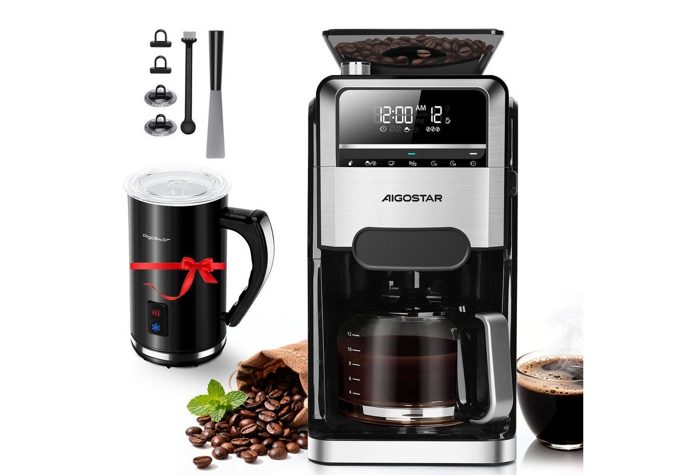 Aigostar Kaffeemaschine mit Mahlwerk, 1.5l Kaffeekanne, Wiederverwendbare Filter, Warmhaltefunktion, Selbstreinigungsfunktion, Intelligente Erinnerung