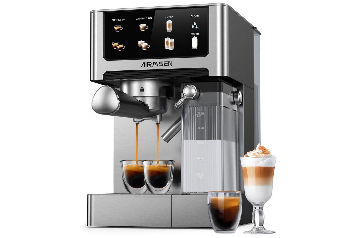 Airmsen Espressomaschine 20 Bar mit automatischem Milchaufschäumer für Zuhause,1.8L Wassertank, Edelstahlfilter, Cappuccino & Latte Kaffeemaschine mit Schnellbrüh-Doppelkessel