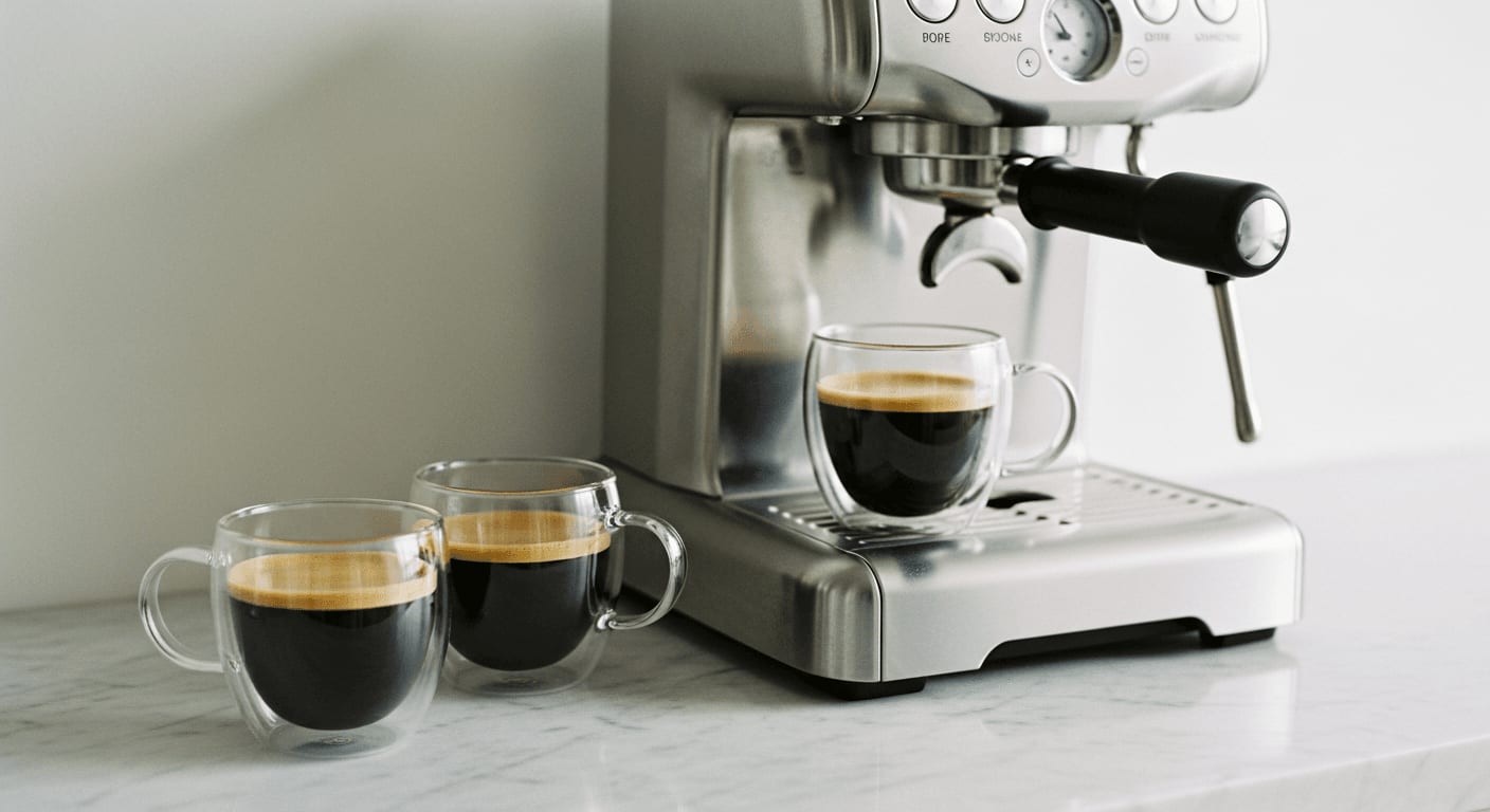 Elegante Kaffeegläser gefüllt mit Americano und Caffè Crema neben einer silbernen Espressomaschine auf einer Marmorarbeitsplatte.