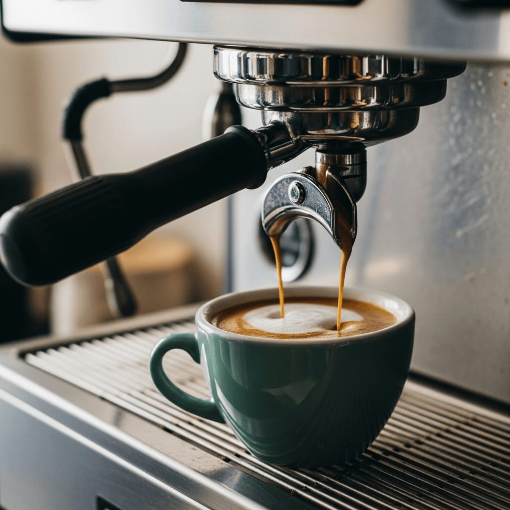 Caffè Crema wird gebrüht, wobei die Crema an der Spitze der Tasse sichtbar ist, mit einer Espressomaschine im Hintergrund.