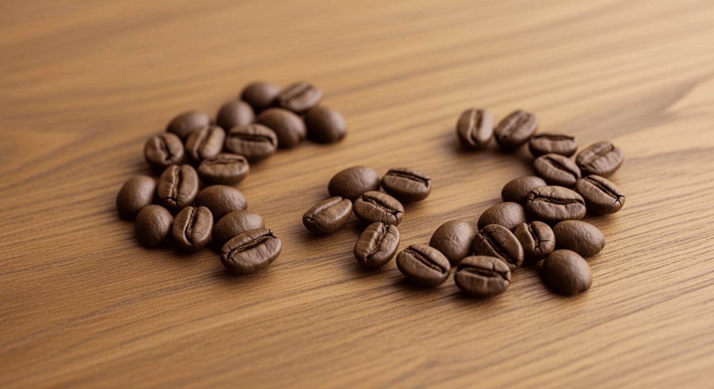 Coffee beans scattered on a wooden table, some Arabica and some Robusta, arranged in a visually appealing way, top-down view.