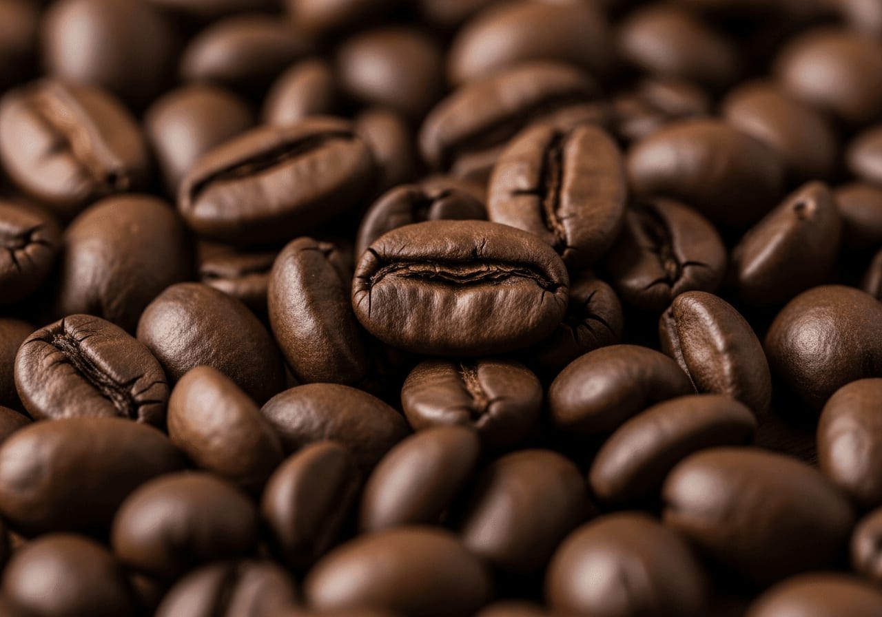 Close-up of Arabica coffee beans, showing their elongated shape and smoother surface, macro shot.
